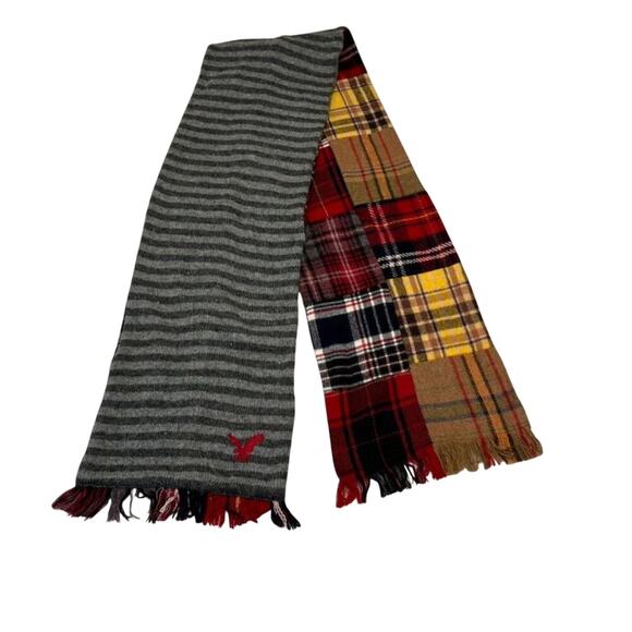 American Eagle Plaid Patchwork Scarf Neck Warmer Multicolor Wool Blend Fringe - Picture 1 of 10